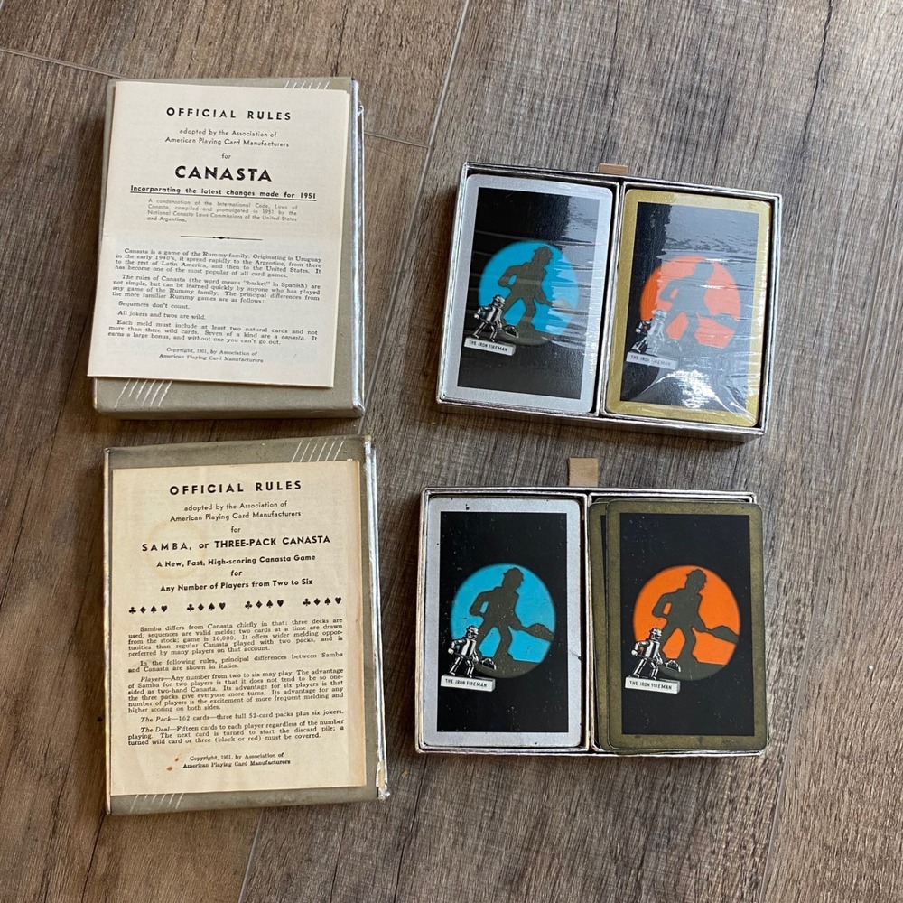 Vintage 1951 Congress The Iron Fireman Playing Cards Canasta Samba 2 Double Deck